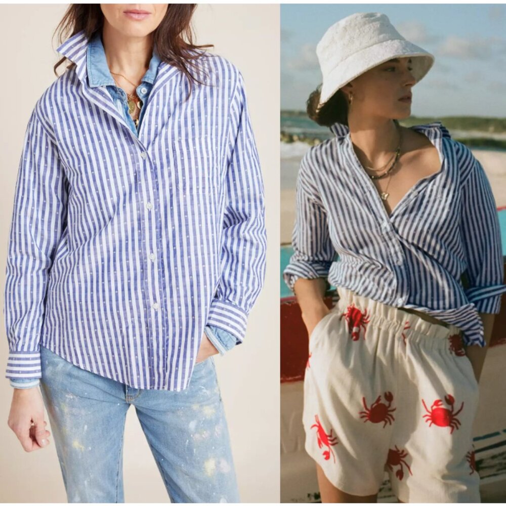 NWT GRAYSON for ANTHROPOLOGIE The Hero Buttondown Shirt Blue Stripe Size M